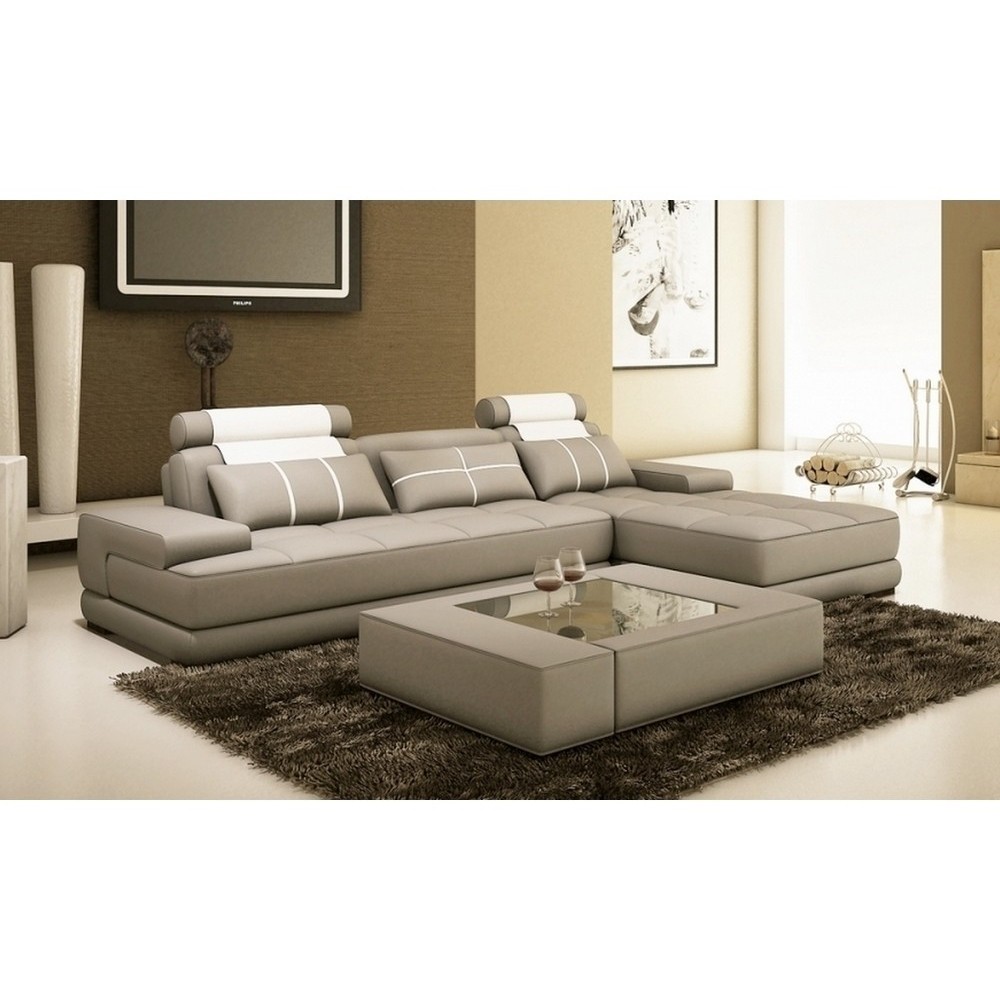 Canapé d'angle en 100% TOUT cuir italien 5 places ELIXA, gris clair et blanc, angle droit Canapé d'angle en 100% TOUT cuir italien 5 places ELIXA, gris clair et blanc, angle droit