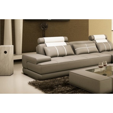 Canapé d'angle en 100% TOUT cuir italien 5 places ELIXA, gris clair et blanc, angle droit
