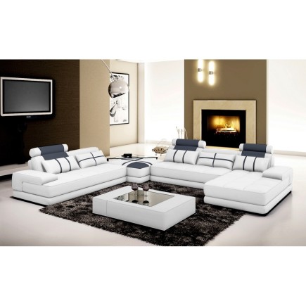 Canapé d'angle en 100% tout cuir italien luxe 8 places ROME, blanc et gris foncé