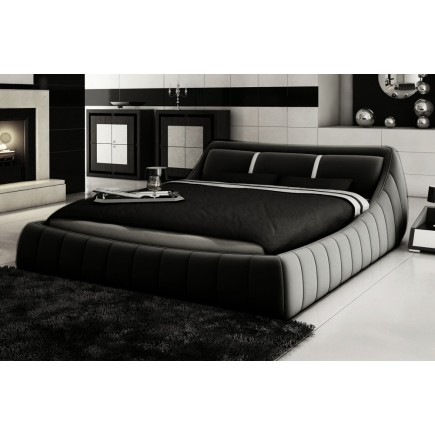 Lit en cuir italien de luxe FOSTER, noir avec 2 bandes blanches