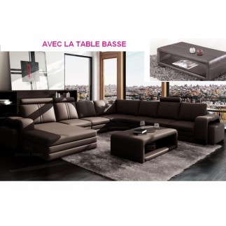 Acompte 1000 €, commande Canapé d'angle en cuir italien 8 places diamant, chocolat , angle droit, Table basse en design vera, ch