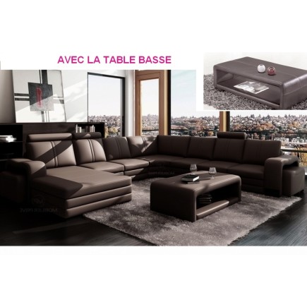 Acompte 1000 €, commande Canapé d'angle en cuir italien 8 places diamant, chocolat , angle droit, Table basse en design vera, ch