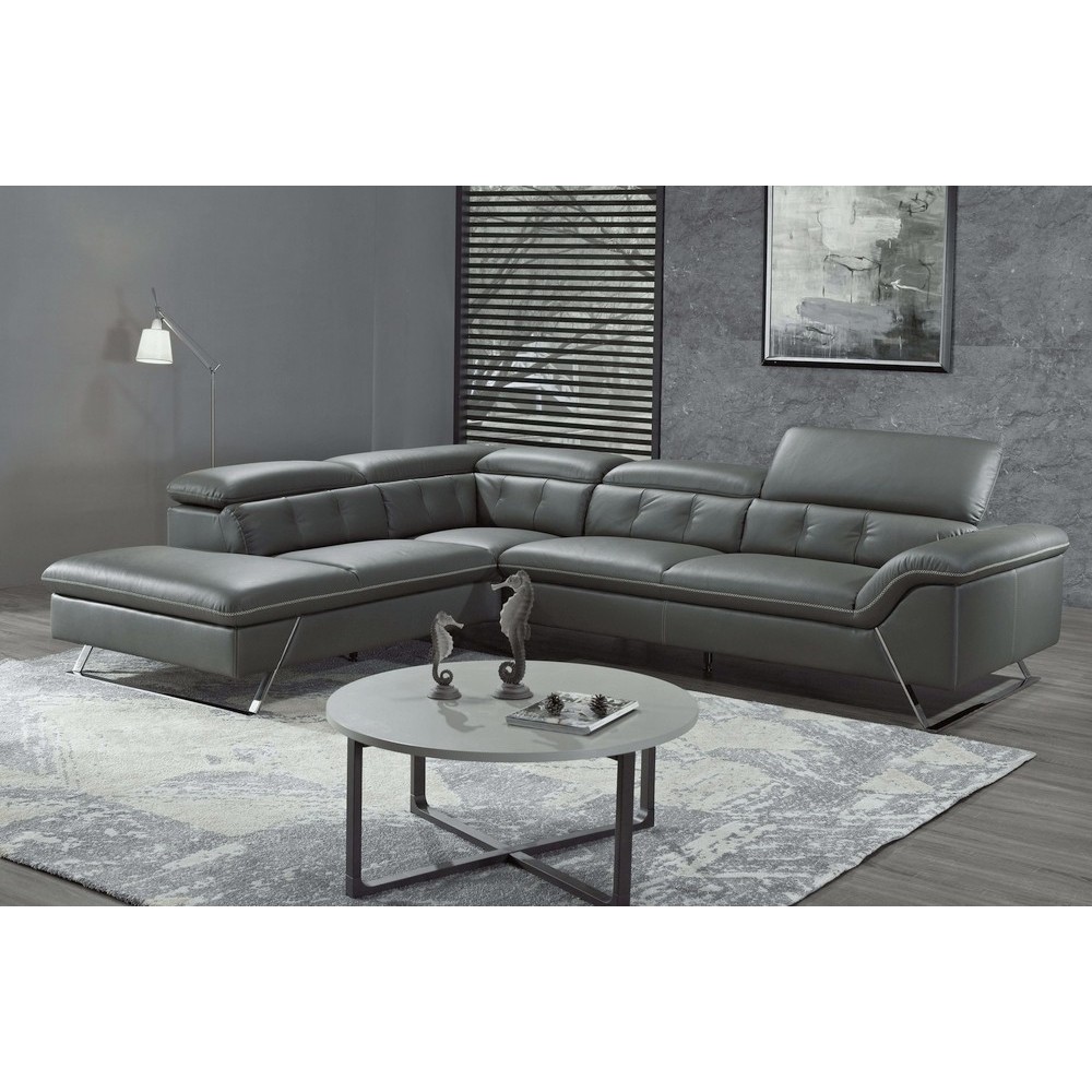 Canapé d'angle en cuir de buffle italien de luxe 5/6 places VIDA, gris foncé et surpiqure blanche, angle gauche Canapé d'angle en cuir de buffle italien de luxe 5/6 places VIDA, gris foncé et surpiqure blanche, angle gauche
