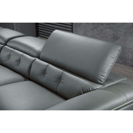 Canapé d'angle en cuir de buffle italien de luxe 5/6 places VIDA, gris foncé et surpiqure blanche, angle gauche