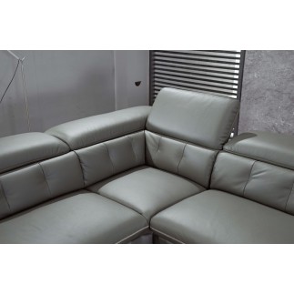 Canapé d'angle en cuir de buffle italien de luxe 5/6 places VIDA, gris foncé et surpiqure blanche, angle gauche