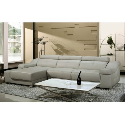 Canapé d'angle double relax en cuir épais de buffle italien de luxe 5 places BiRELAX, gris clair, angle gauche