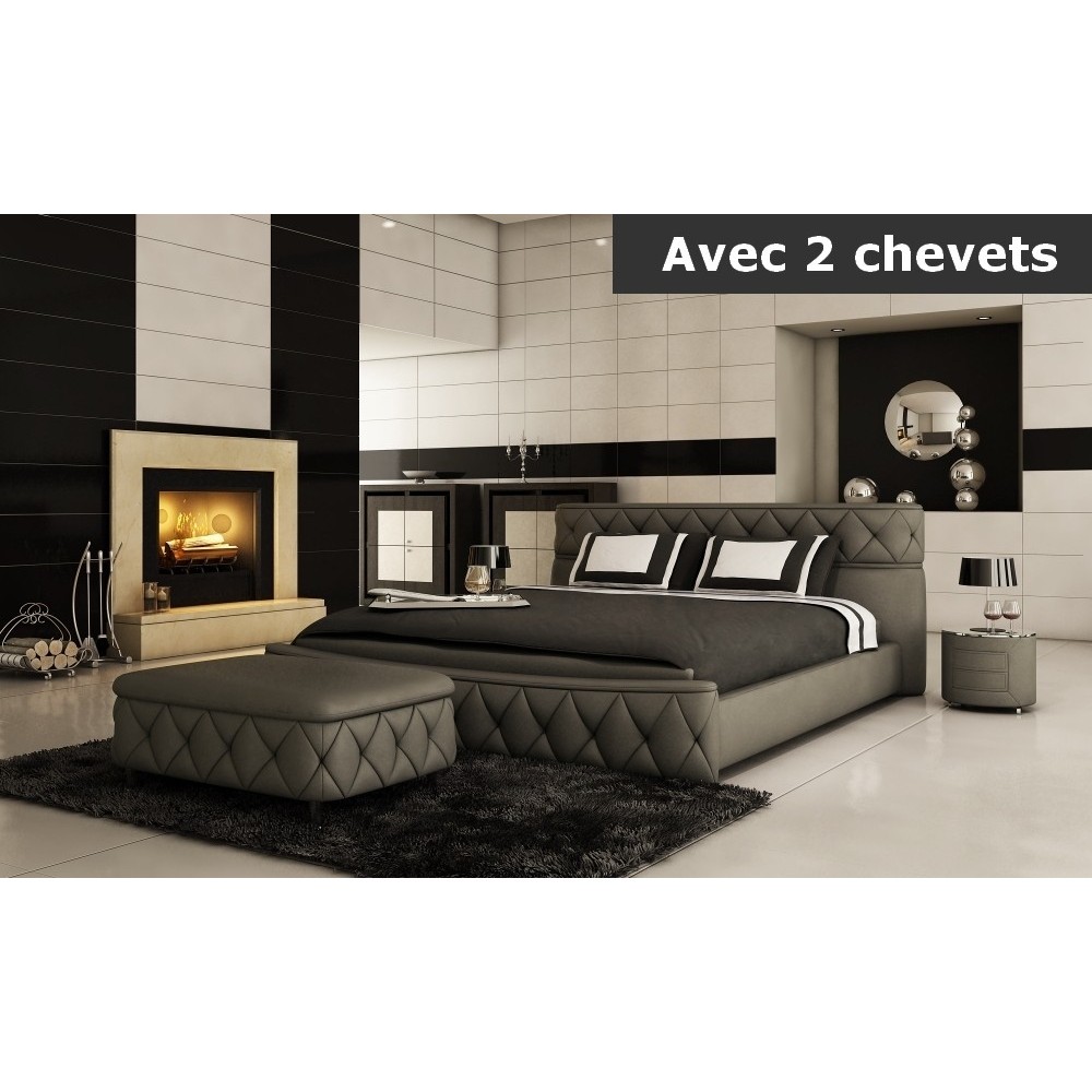 Lit en cuir italien de luxe FARNIENTE 180x200, gris foncé. Et 2 chevets DORY Lit en cuir italien de luxe FARNIENTE 180x200, gris foncé. Et 2 chevets DORY