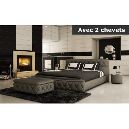Lit en cuir italien de luxe FARNIENTE 180x200, gris foncé. Et 2 chevets DORY