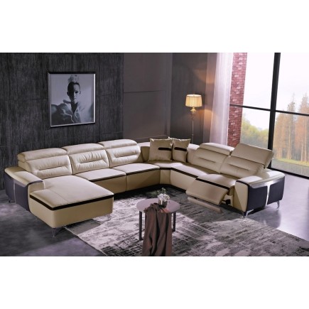 Canapé d'angle relax électrique en cuir buffle italien de luxe COMBIRELAX, beige et chocolat, angle droit