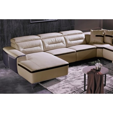 Canapé d'angle relax électrique en cuir buffle italien de luxe COMBIRELAX, beige et chocolat, angle droit, 7/8 places