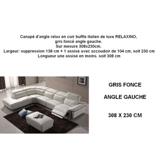 solde paiement commande: Canapé d'angle 1 relax élec cuir buffle italien luxe RELAXINO, gris foncé angle gauche. Sur mesure 308x