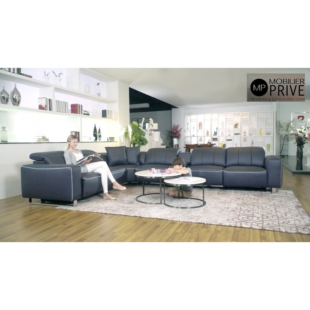 Canapé d'angle relax en cuir de buffle italien de luxe avec 2 relax électriques, 7/8 places, MONTE CARLO, gris foncé et surpiqur