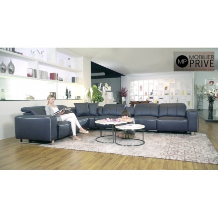 Canapé d'angle relax en cuir de buffle italien de luxe avec 2 relax électriques, 7/8 places, MONTE CARLO, gris foncé et surpiqur