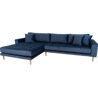 Canapé d'angle en tissu velours de qualité, LIMA VELOURS, coloris bleu marine, angle gauche