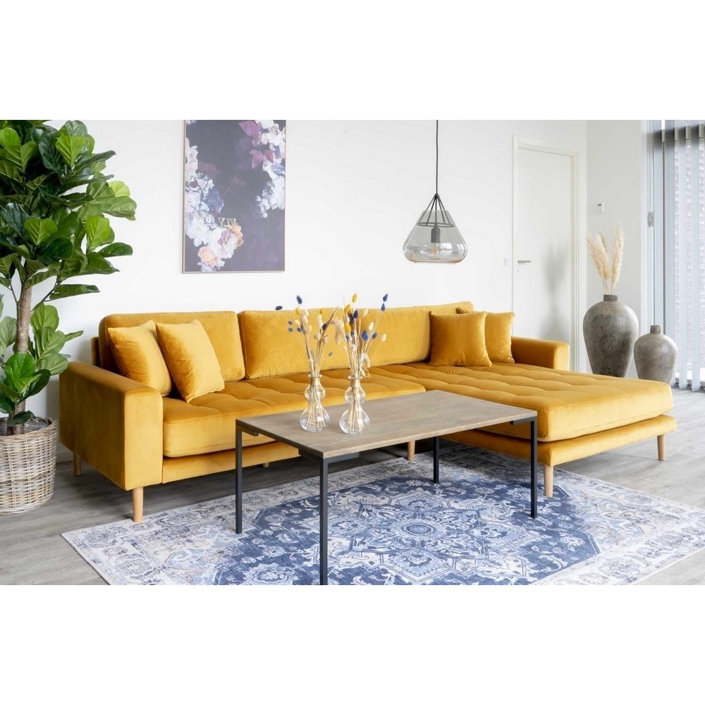Canapé d'angle en tissu velours de qualité, LIMA VELOURS, coloris moutarde, angle droit Canapé d'angle en tissu velours de qualité, LIMA VELOURS, coloris moutarde, angle droit