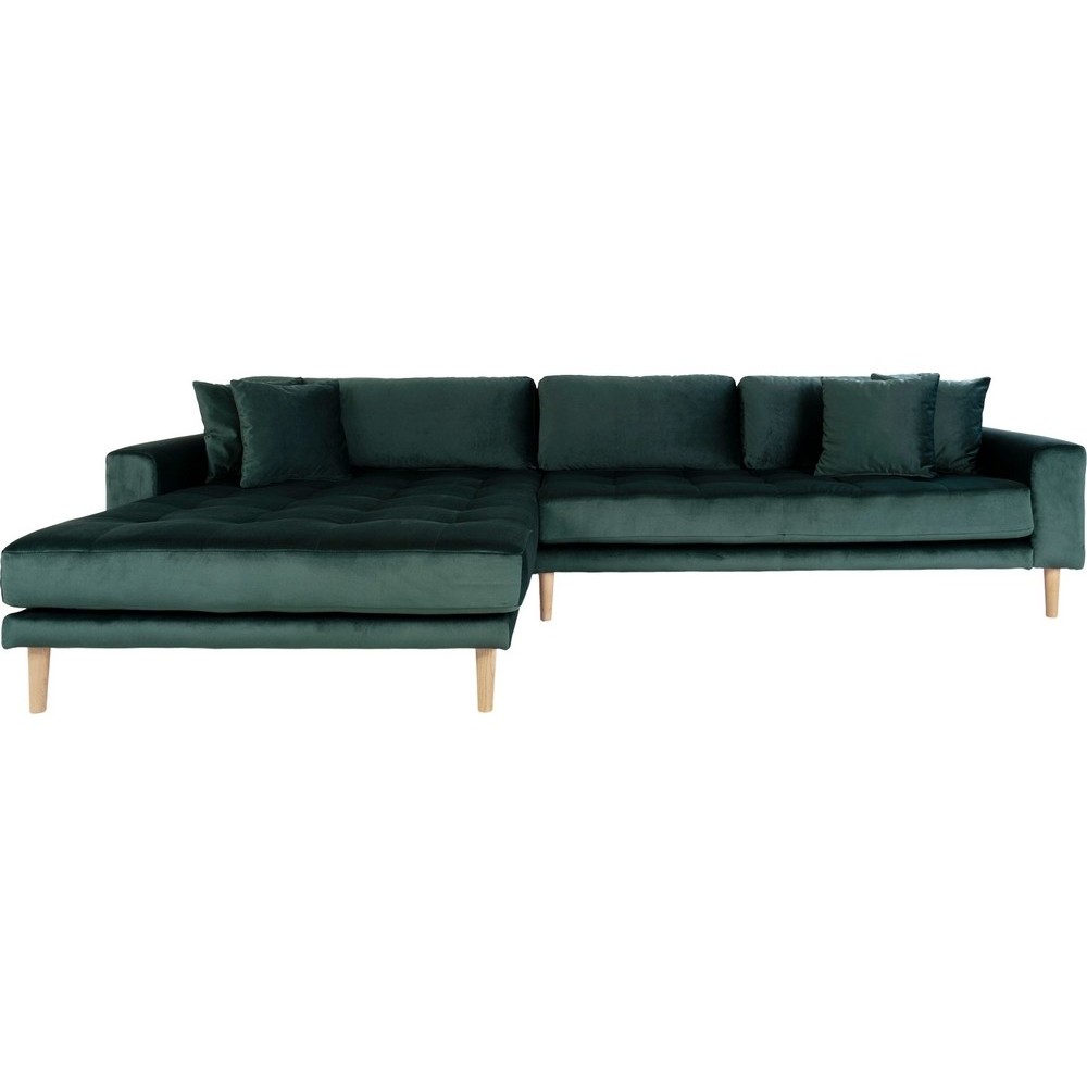 Canapé d'angle en tissu velours de qualité, LIMA VELOURS, coloris vert, angle gauche Canapé d'angle en tissu velours de qualité, LIMA VELOURS, coloris vert, angle gauche