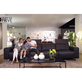 Canapé droit 5 places en cuir de buffle italien de luxe, avec 2 relax électriques, PLAZZA, noir et liseret noir