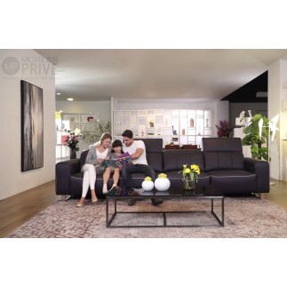 Canapé droit 5 places en cuir de buffle italien de luxe, avec 2 relax électriques, PLAZZA, noir et liseret noir