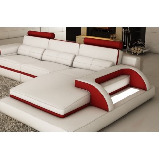Canapé d'angle en cuir italien 6 places VINOTI, blanc et rouge, angle droit