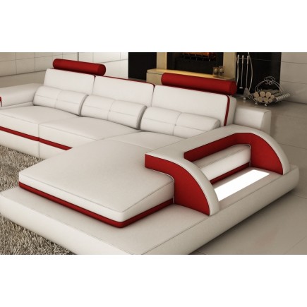 Canapé d'angle en cuir italien 6 places VINOTI, blanc et rouge, angle droit