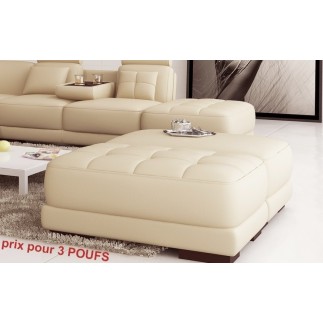Ensemble de 3 poufs en cuir italien ELIXIR, écru