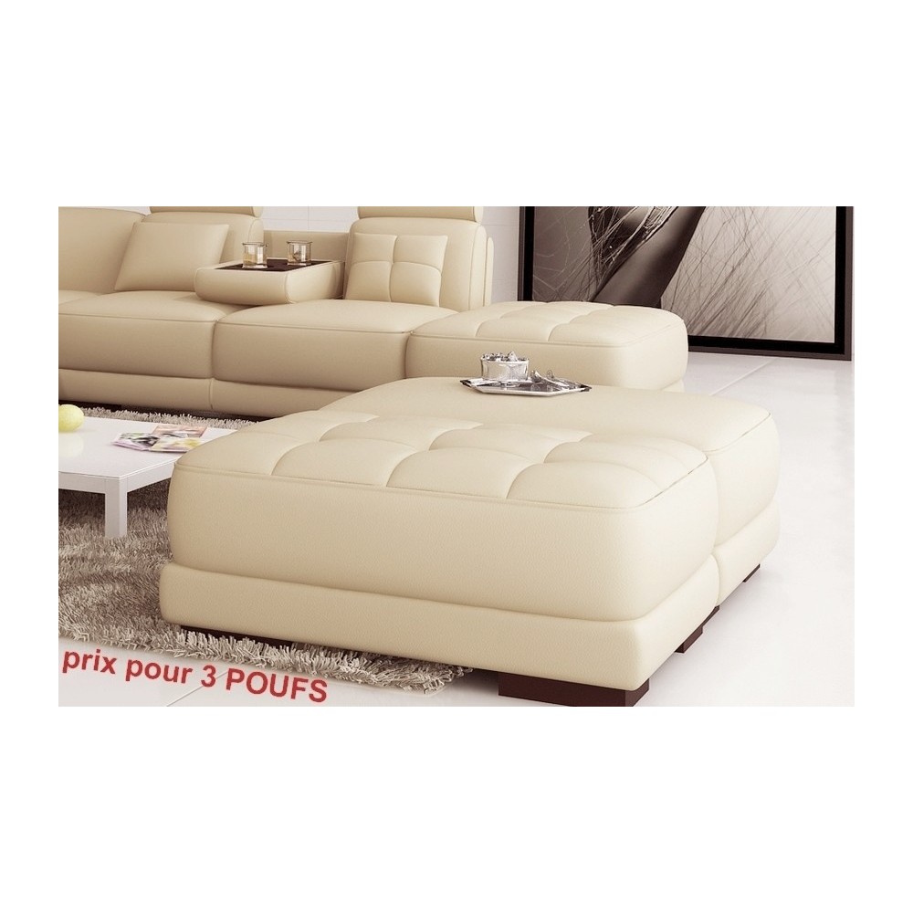 Ensemble de 3 poufs en cuir italien ELIXIR, écru Ensemble de 3 poufs en cuir italien ELIXIR, écru