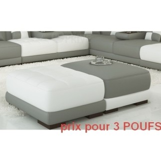 Ensemble de 3 poufs en cuir italien ELIXIR, gris clair et blanc