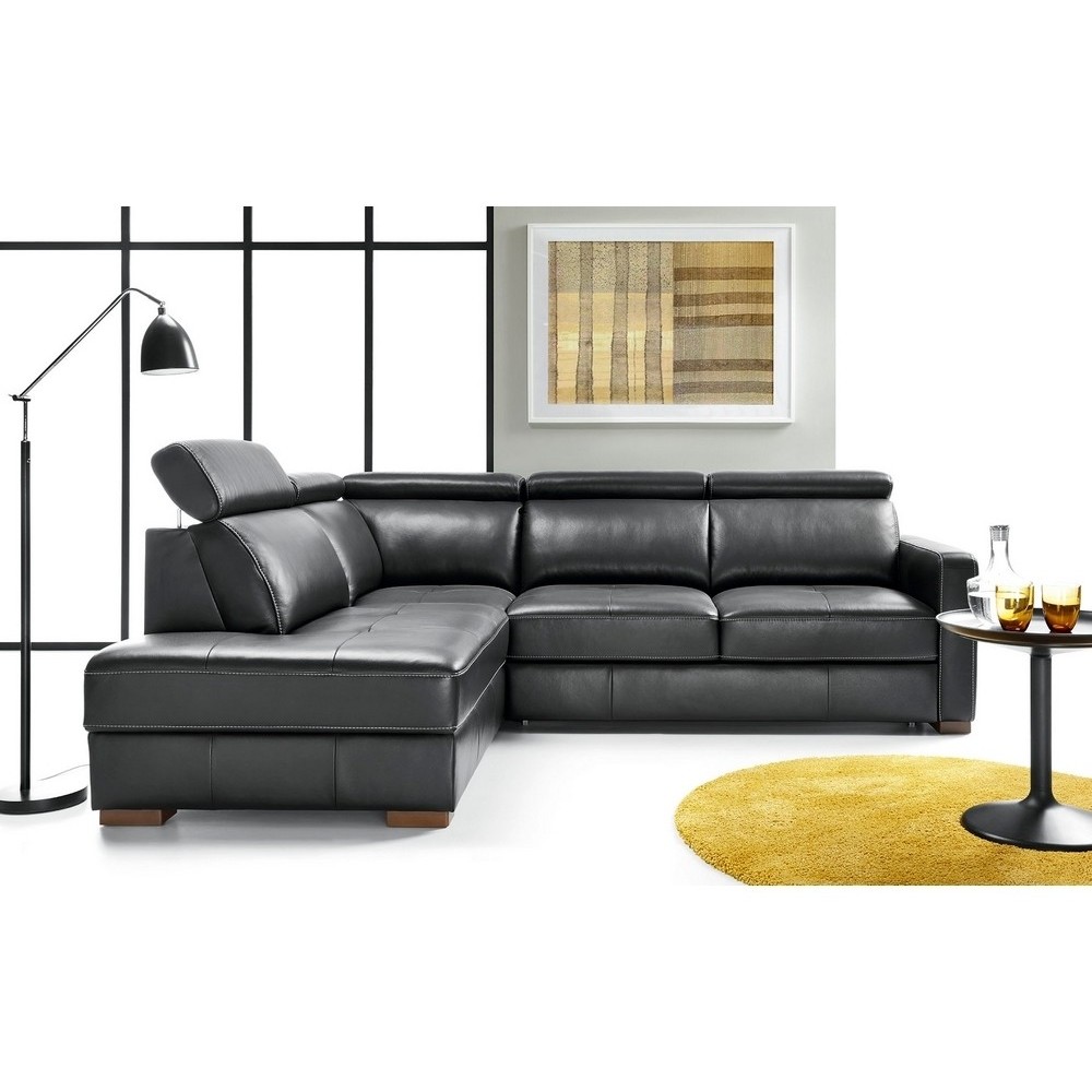 - Canapé d'angle convertible en 100% tout cuir italien de luxe 5 places ERNEST, noir mat, angle gauche - Canapé d'angle convertible en 100% tout cuir italien de luxe 5 places ERNEST, noir mat, angle gauche