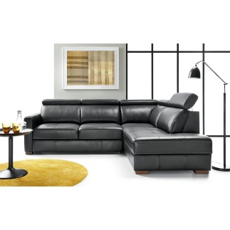 Canapé d'angle convertible en 100% tout cuir italien de luxe 5 places ERNEST, noir mat, angle droit