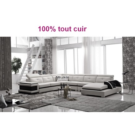 Canapé d'angle 100% tout cuir buffle italien 7/8 places, BELLISSIMO, blanc et noir, angle gauche