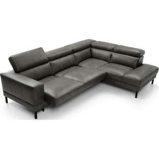 Canapé d'angle en 100% tout cuir italien de luxe 5/6 places NAYA, assise électrique qui coulisse, gris foncé, angle droit