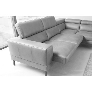 Canapé d'angle en 100% tout cuir italien de luxe 5/6 places NAYA, assise électrique qui coulisse, gris clair, angle droit