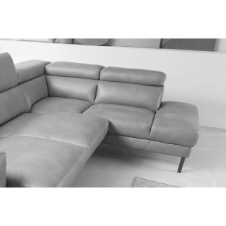 Canapé d'angle en 100% tout cuir italien de luxe 5/6 places NAYA, assise électrique qui coulisse, gris clair, angle droit