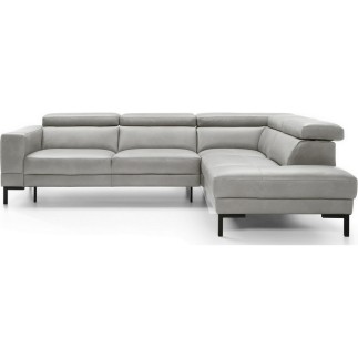 Canapé d'angle en 100% tout cuir italien de luxe 5/6 places NAYA, assise électrique qui coulisse, gris clair, angle droit