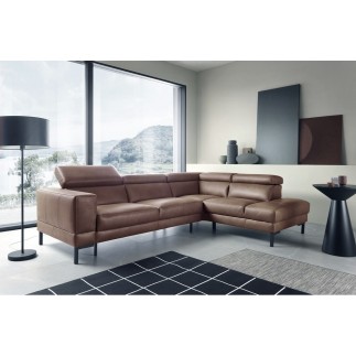Canapé d'angle en 100% tout cuir italien de luxe 5/6 places NAYA, assise électrique qui coulisse, marron, angle droit