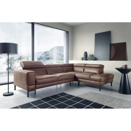 Canapé d'angle en 100% tout cuir italien de luxe 5/6 places NAYA, assise électrique qui coulisse, marron, angle droit