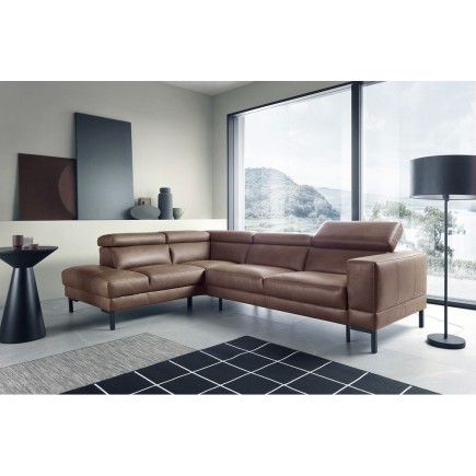 Canapé d'angle en 100% tout cuir italien de luxe 5/6 places NAYA, assise électrique qui coulisse, marron, angle gauche