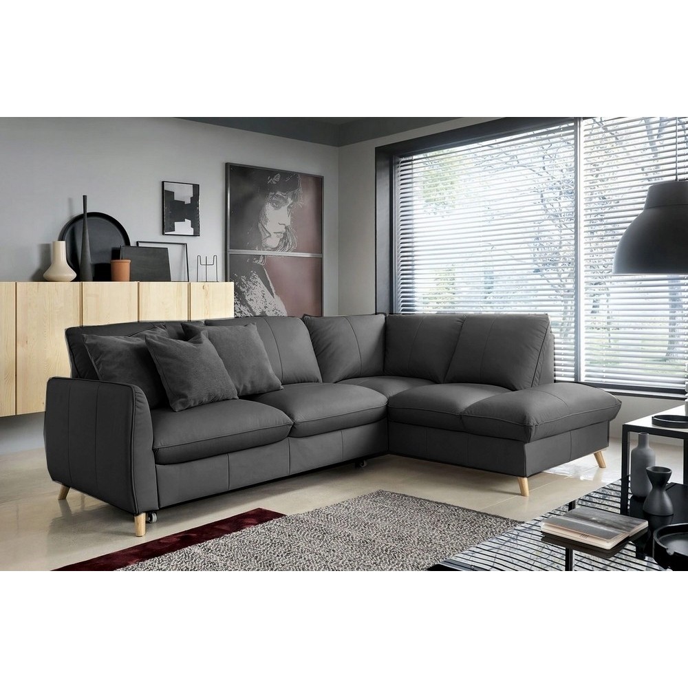 Canapé d'angle en 100% tout cuir italien de luxe 5 places, convertible et avec coffre, NILSEN, gris foncé, angle droit Canapé d'angle en 100% tout cuir italien de luxe 5 places, convertible et avec coffre, NILSEN, gris foncé, angle droit