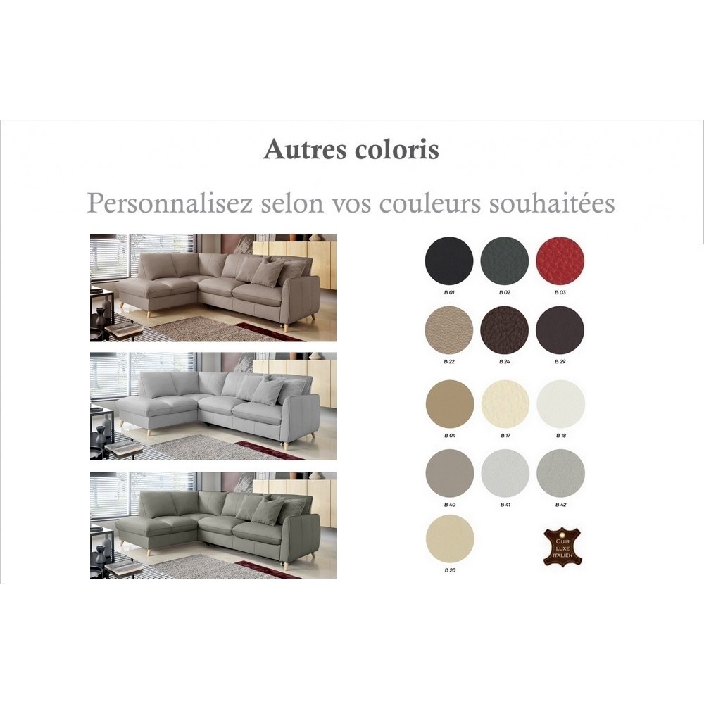 Canapé d'angle en 100% tout cuir italien de luxe 5 places, convertible et avec coffre, NILSEN, couleur personnalisée, angle gauc Canapé d'angle en 100% tout cuir italien de luxe 5 places, convertible et avec coffre, NILSEN, couleur personnalisée, angle gauc