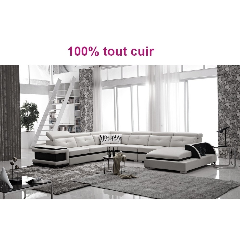 2eme paiement de la commande: Canapé d'angle 100% tout cuir buffle italien 7/8 places, bellissimo, blanc et noir, angle gauche,
