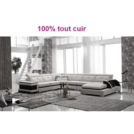 2eme paiement de la commande: Canapé d'angle 100% tout cuir buffle italien 7/8 places, bellissimo, blanc et noir, angle gauche,