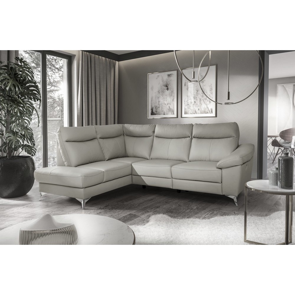 Canapé d'angle en cuir italien de luxe 5 places LUZINI gris clair, angle gauche Canapé d'angle en cuir italien de luxe 5 places LUZINI gris clair, angle gauche