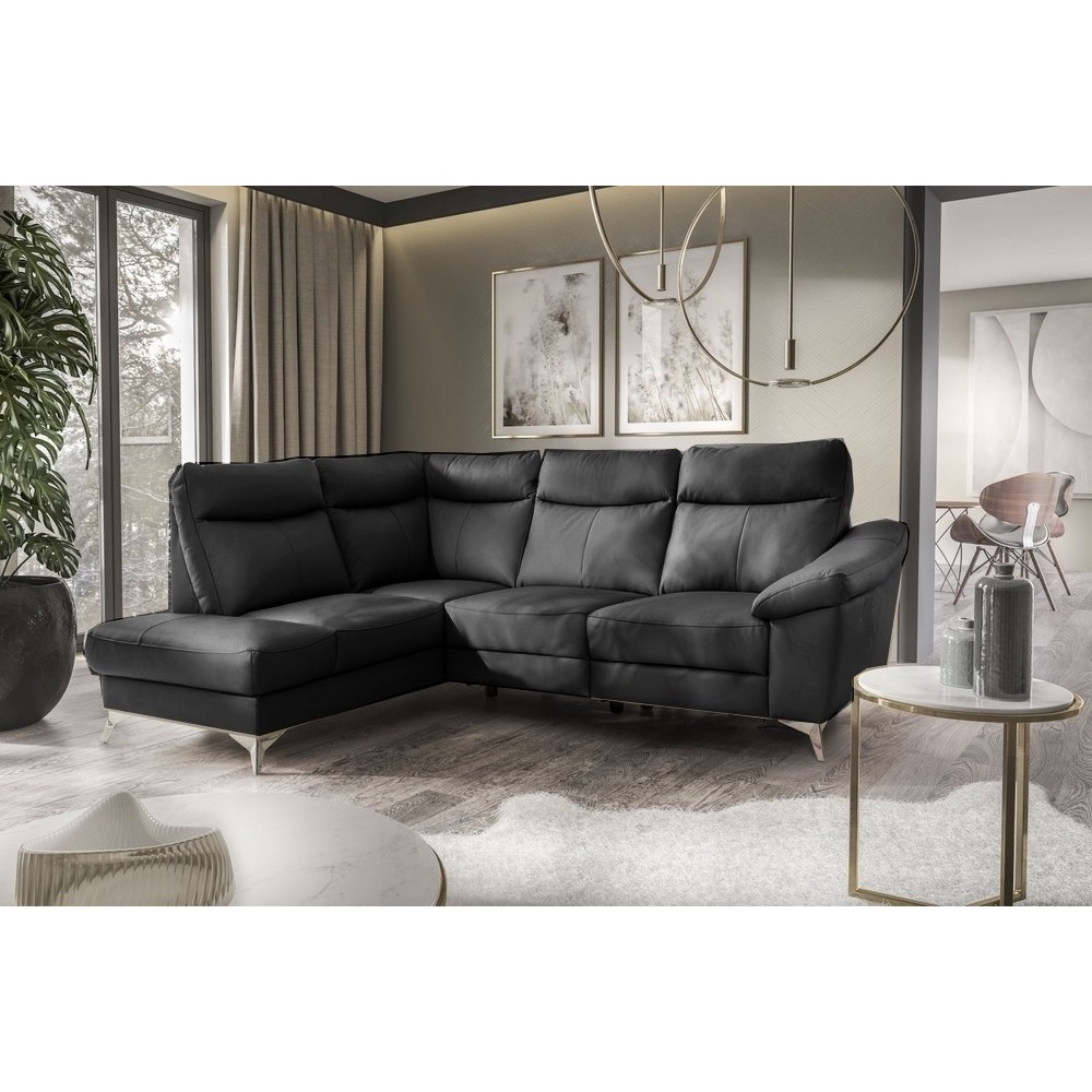 - Canapé d'angle en cuir italien de luxe 5 places LUZINI noir, angle gauche - Canapé d'angle en cuir italien de luxe 5 places LUZINI noir, angle gauche