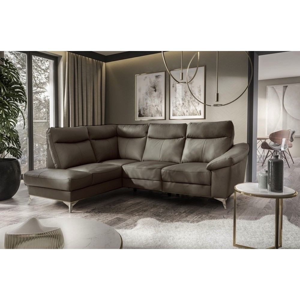 Canapé d'angle en cuir italien de luxe 5 places LUZINI taupe, angle gauche Canapé d'angle en cuir italien de luxe 5 places LUZINI taupe, angle gauche