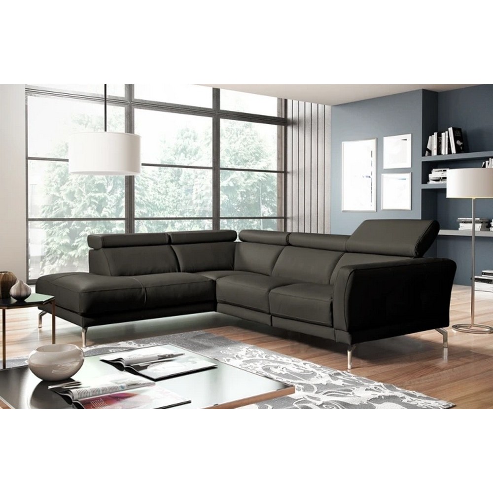 Canapé d'angle en 100% tout cuir épais de luxe italien , 5/6 places DALBERT, couleur anthracite, angle gauche Canapé d'angle en 100% tout cuir épais de luxe italien , 5/6 places DALBERT, couleur anthracite, angle gauche