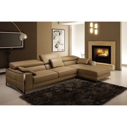 Canapé d'angle en cuir italien haut de gamme 5 places SUEDE, marron.