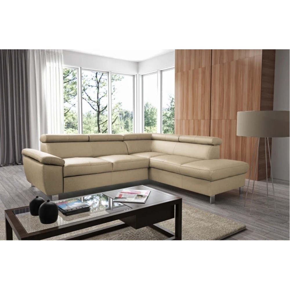 Canapé d'angle convertible en cuir italien de luxe 5 places LUTECIA avec coffre, beige, angle droit Canapé d'angle convertible en cuir italien de luxe 5 places LUTECIA avec coffre, beige, angle droit