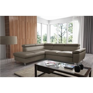 Canapé d'angle convertible en cuir italien de luxe 5 places LUTECIA avec coffre, taupe, angle gauche