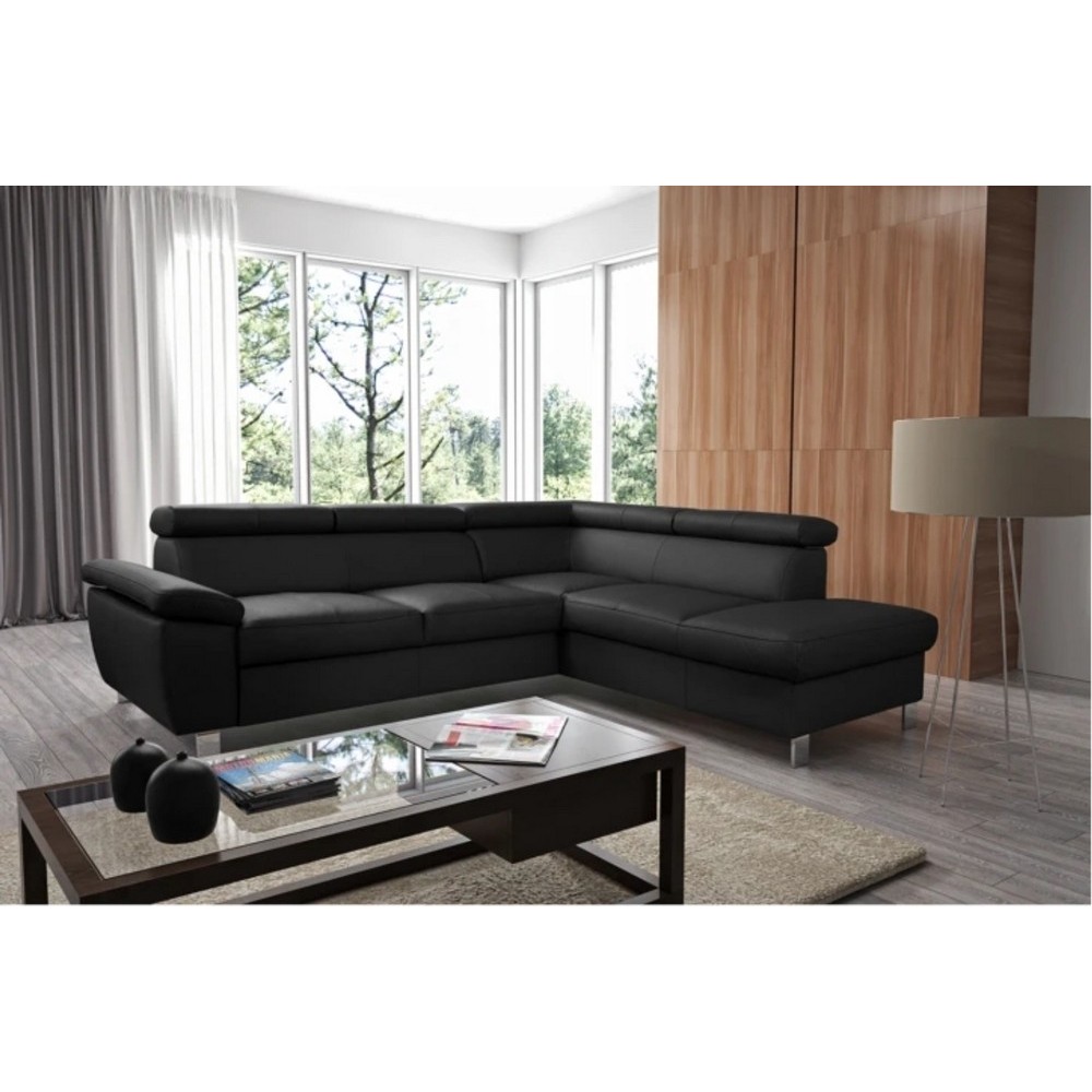 Canapé d'angle convertible en cuir italien de luxe 5 places LUTECIA avec coffre, noir, angle droit Canapé d'angle convertible en cuir italien de luxe 5 places LUTECIA avec coffre, noir, angle droit