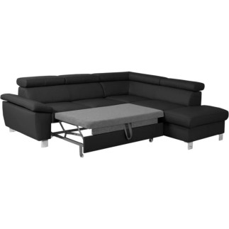 Canapé d'angle convertible en cuir italien de luxe 5 places LUTECIA avec coffre, noir, angle droit